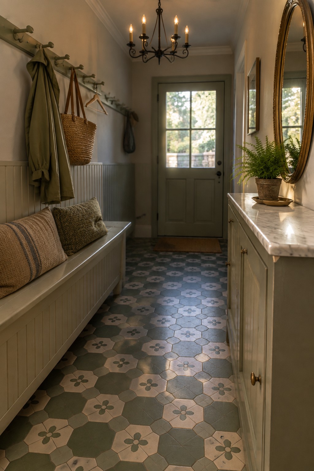 A narrow interior foyer with a black candle-style chandelier, patterned tile floor, built-in bench with pillows, coat hooks, and a marble-topped cabinet.