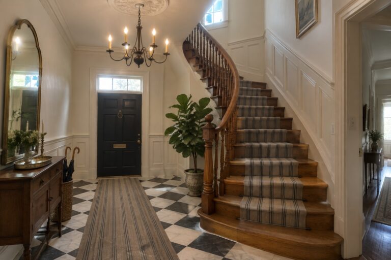 19 Classic Foyer Chandeliers Inspired by Traditional Candle-Style Designs Elegant foyer with checkered marble floor, curved staircase, and lit chandelier.