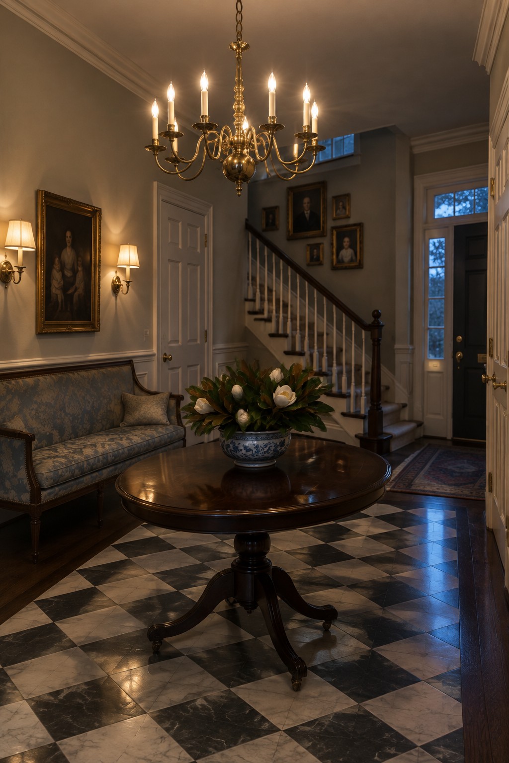 A brass candle-style chandelier hangs above a round wooden table in a foyer with a blue and white patterned sofa, a staircase, and framed portraits on the walls.