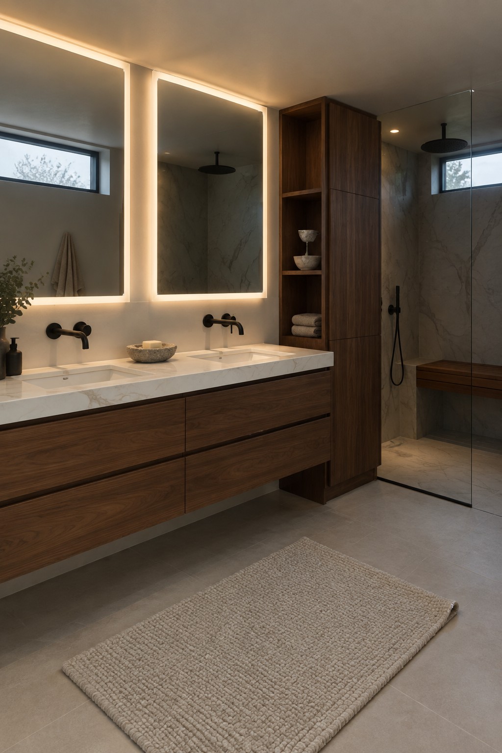 Modern bathroom with floating wood vanity, backlit mirrors, marble shower, and beige rug.