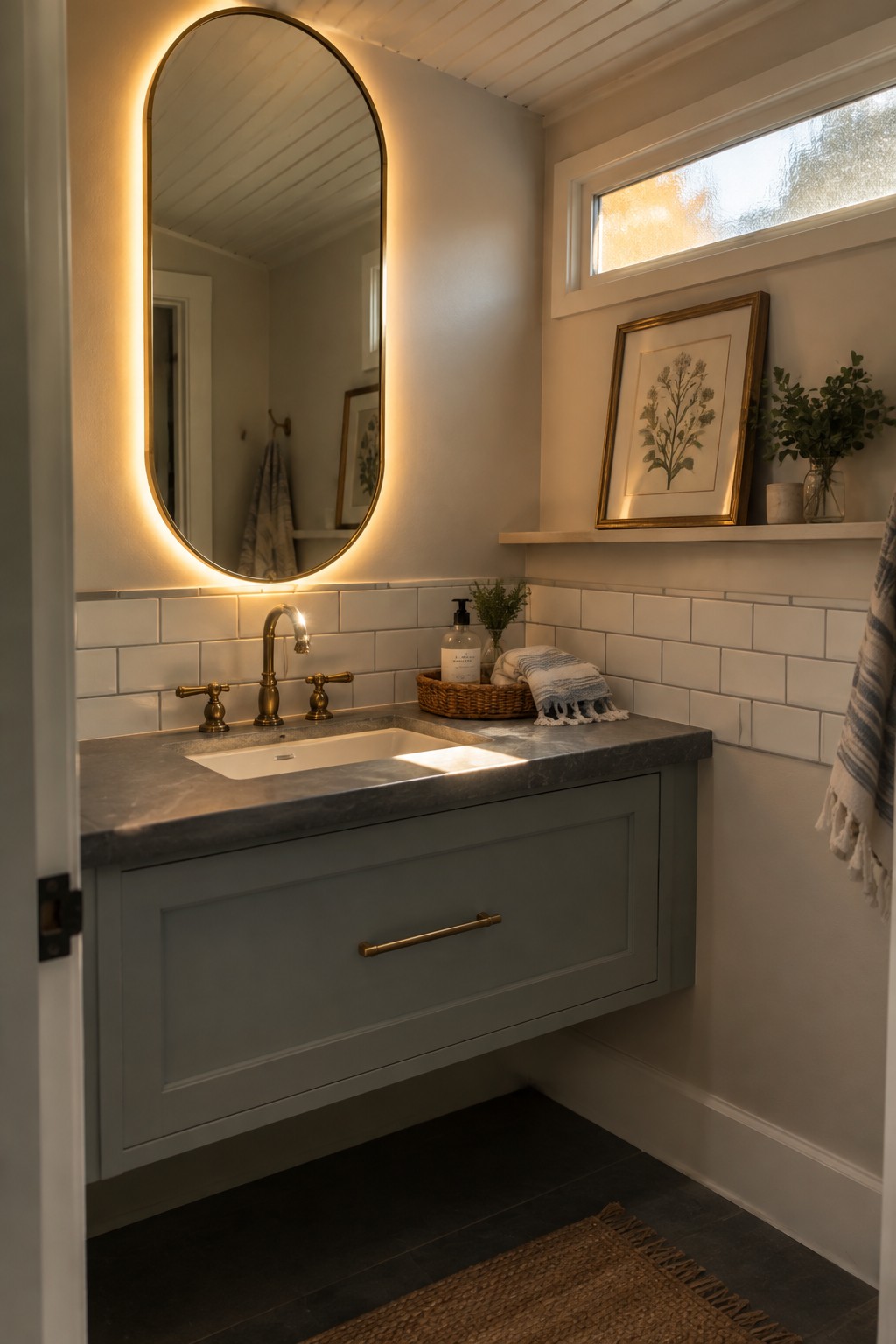 A bathroom with a floating gray vanity, dark stone countertop, brass faucet, and an oval backlit mirror above the sink against white subway tile.