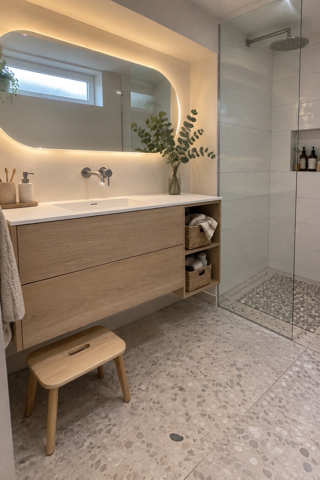 Modern bathroom with floating wood vanity, backlit mirror, glass shower, and wooden stool.