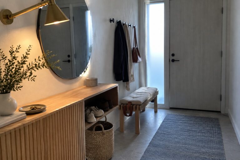 A narrow entryway featuring a wall-mounted brass sconce above a light wood console table, a round mirror, a blue runner rug, and a bench with hooks on the opposite wall.