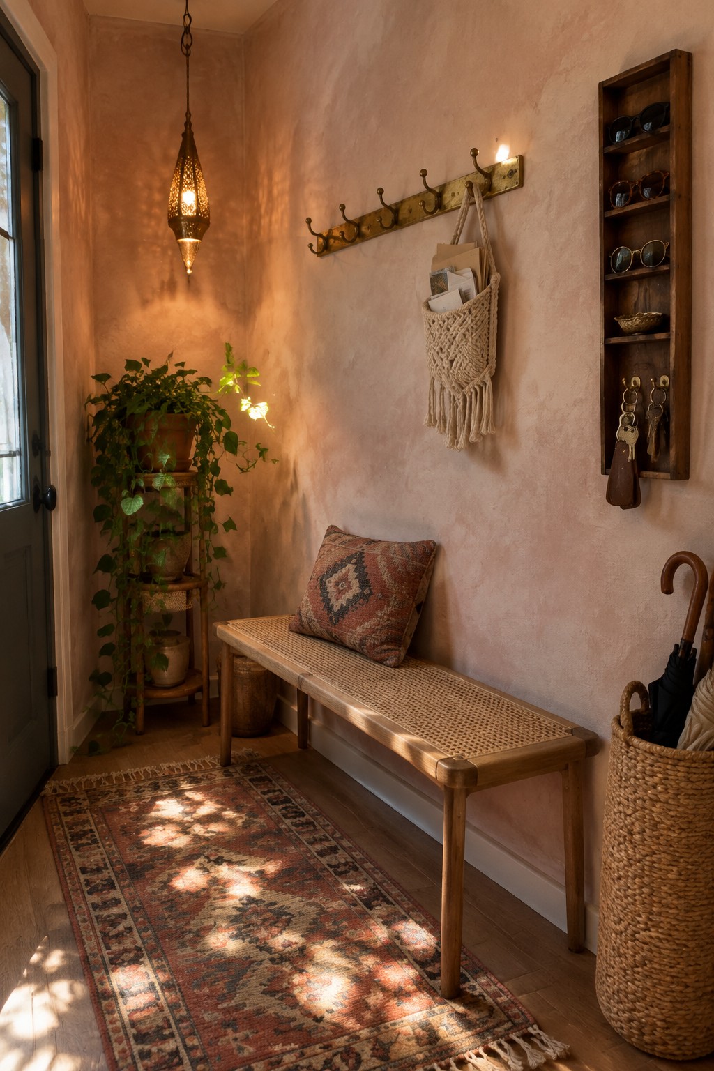 A narrow interior entryway with a hanging pendant light, wooden bench with cushion on a patterned rug, plant stand, wall hooks, and woven basket.