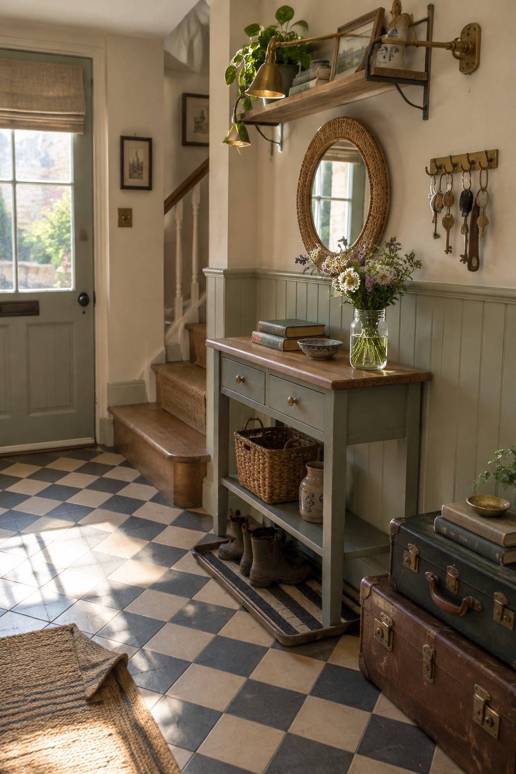 An entryway with a wooden wall shelf holding two brass lamps above a sage green console table, a round mirror, and a glass vase of flowers.