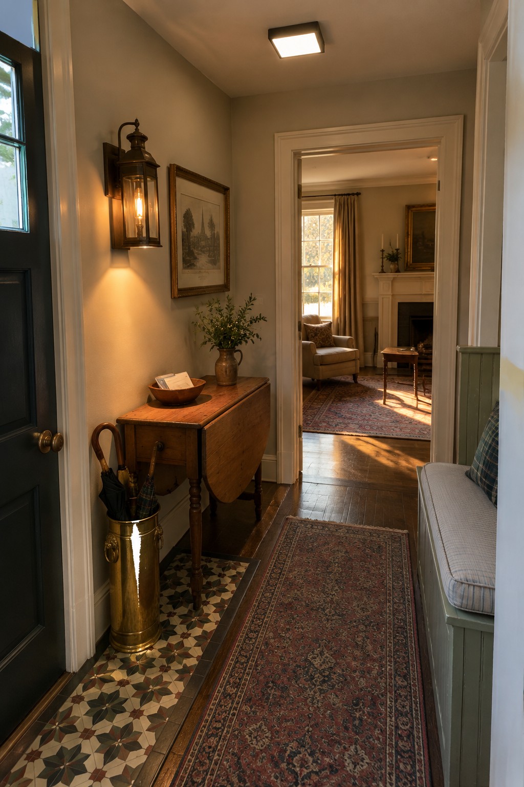 Traditional entry hall with wooden table, umbrella stand, runner rug, and open living room doorway