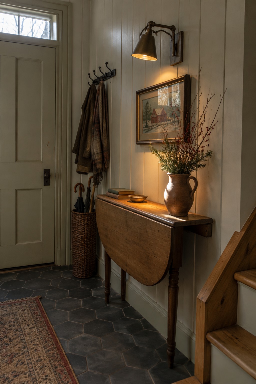 Cozy entryway with wooden drop-leaf table, vase of branches, coat rack, and stairs