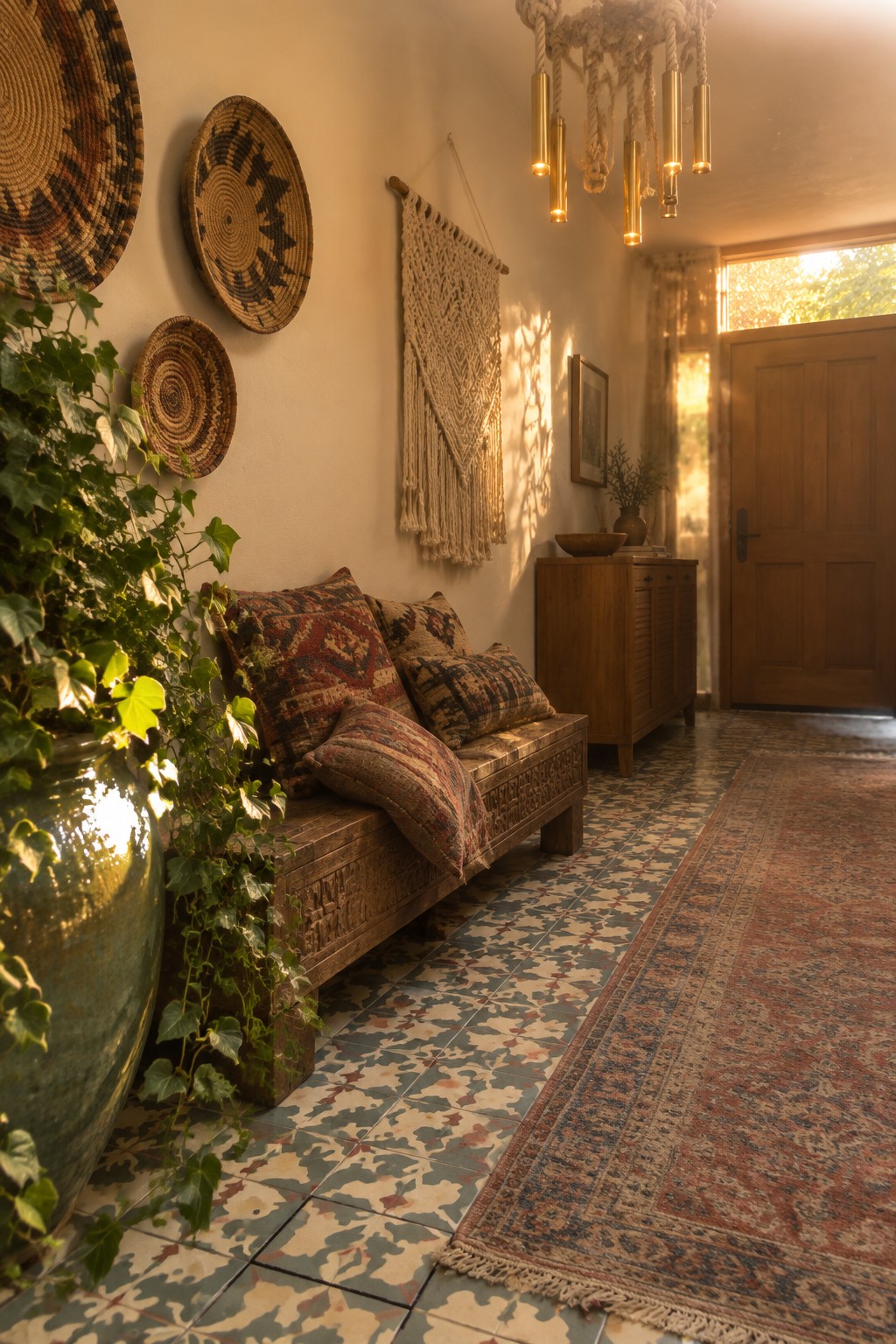 A foyer interior with a carved wooden bench holding patterned pillows, woven baskets on the wall, a large potted plant, a macrame wall hanging, a wooden cabinet, and a rope chandelier with cylindrical lights suspended above patterned tile flooring and a runner rug.