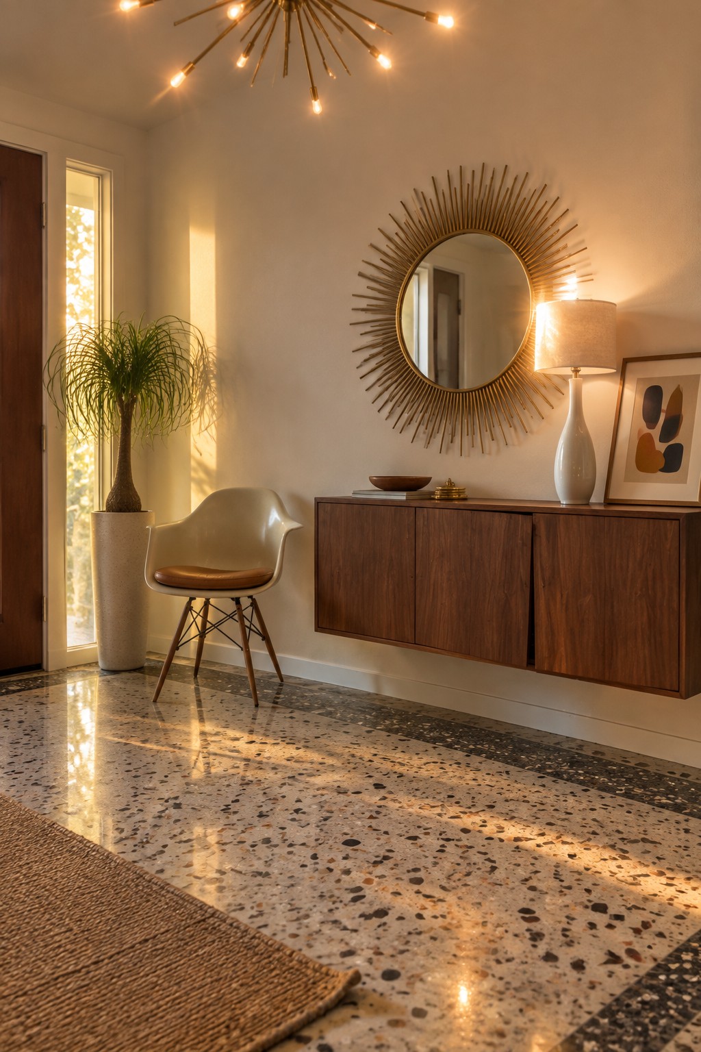 A modern foyer with a large gold sunburst chandelier hanging above a floating wooden console, a white molded chair, a potted plant near the door, and a terrazzo floor.