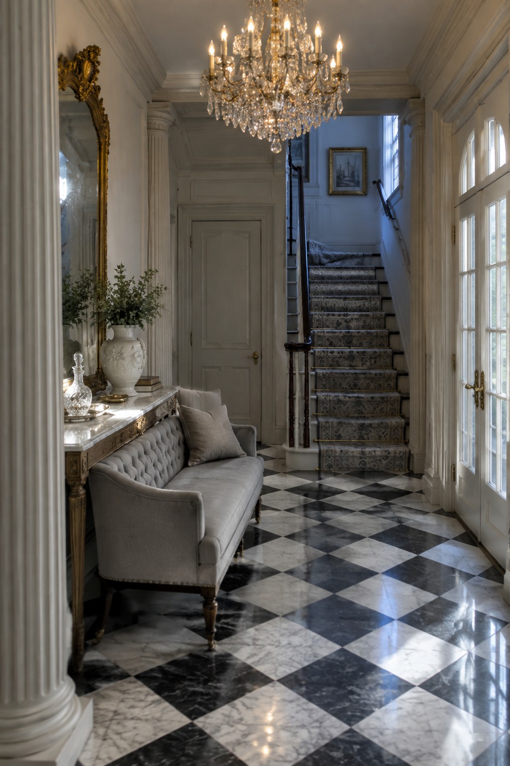 Elegant foyer with checkered marble floor, gray tufted sofa, crystal chandelier, and staircase