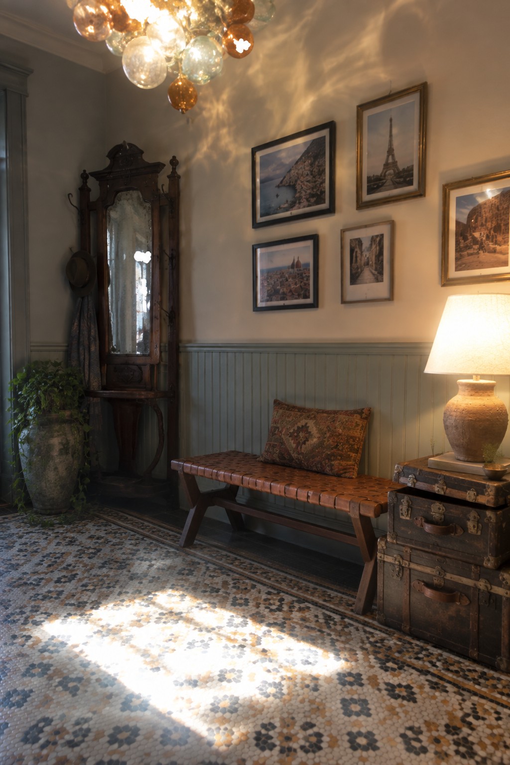An interior foyer view showing a colorful glass chandelier hanging from a high ceiling above a wooden bench, with framed pictures on the wall, stacked vintage trunks, and patterned tile flooring.