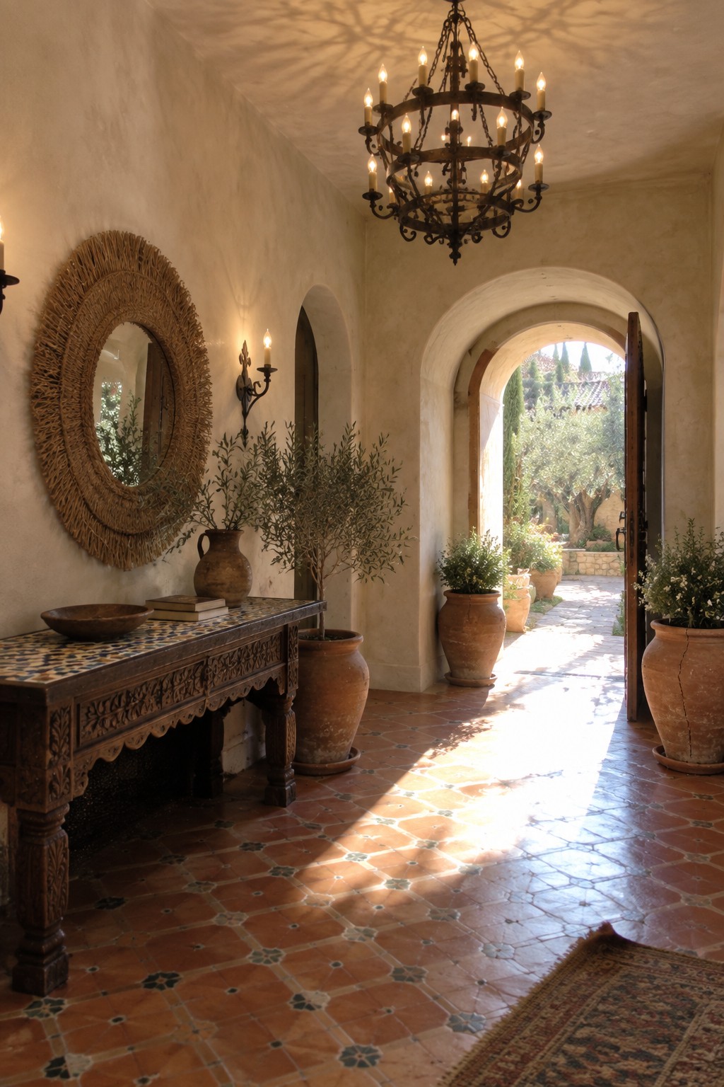 An interior foyer with terracotta tile flooring, a large dark metal chandelier hanging from a high ceiling, a carved wooden console table, a round mirror with a woven frame, and an open arched doorway leading outside.