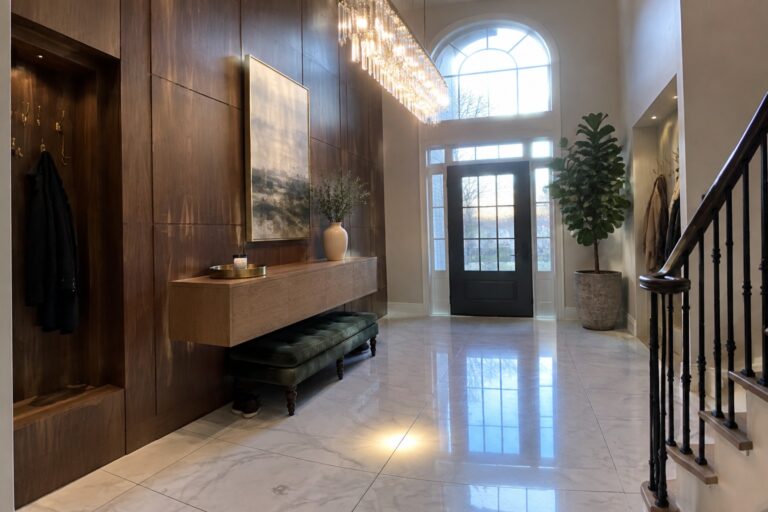 A tall foyer interior with white marble flooring, a large crystal chandelier suspended from the high ceiling, dark wood wall paneling on the left, a floating console and bench below an abstract painting, and black double doors beneath an arched window.
