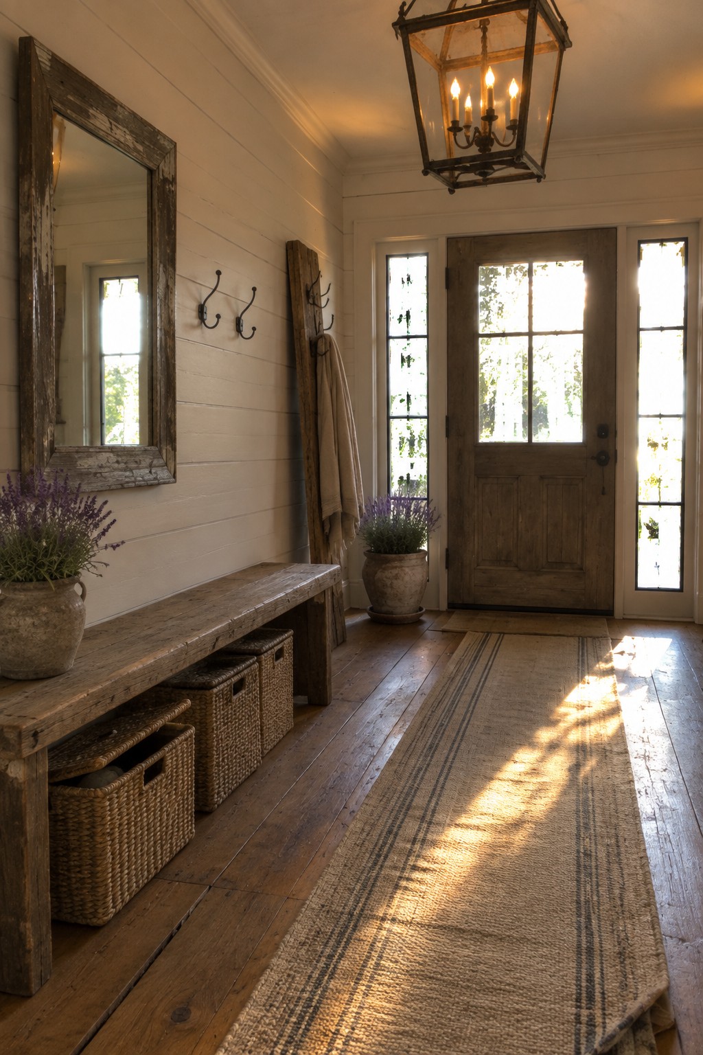 Rustic entryway with wooden bench, baskets, mirror, coat hooks, lantern, and sunlit striped rug