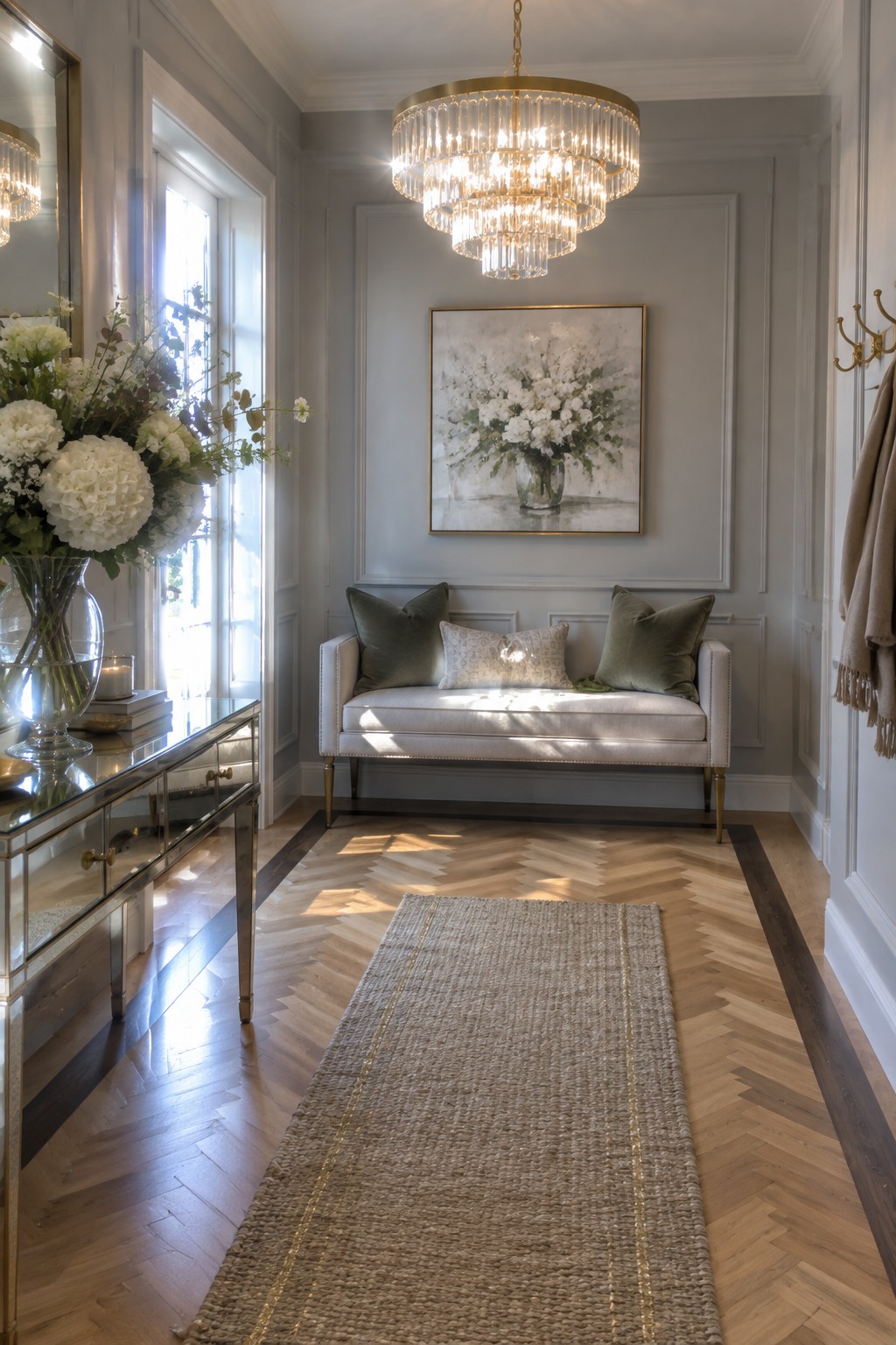Elegant gray hallway with crystal chandelier, upholstered bench, green pillows, and herringbone floor