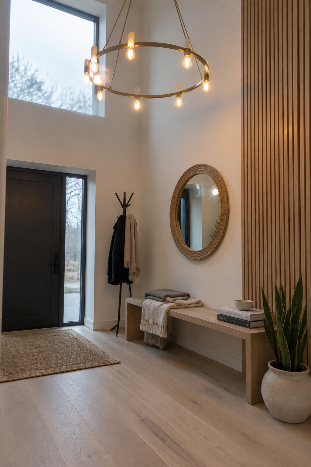 A modern foyer with a circular chandelier hanging from a high ceiling above a light wood bench, round mirror, and potted plant.