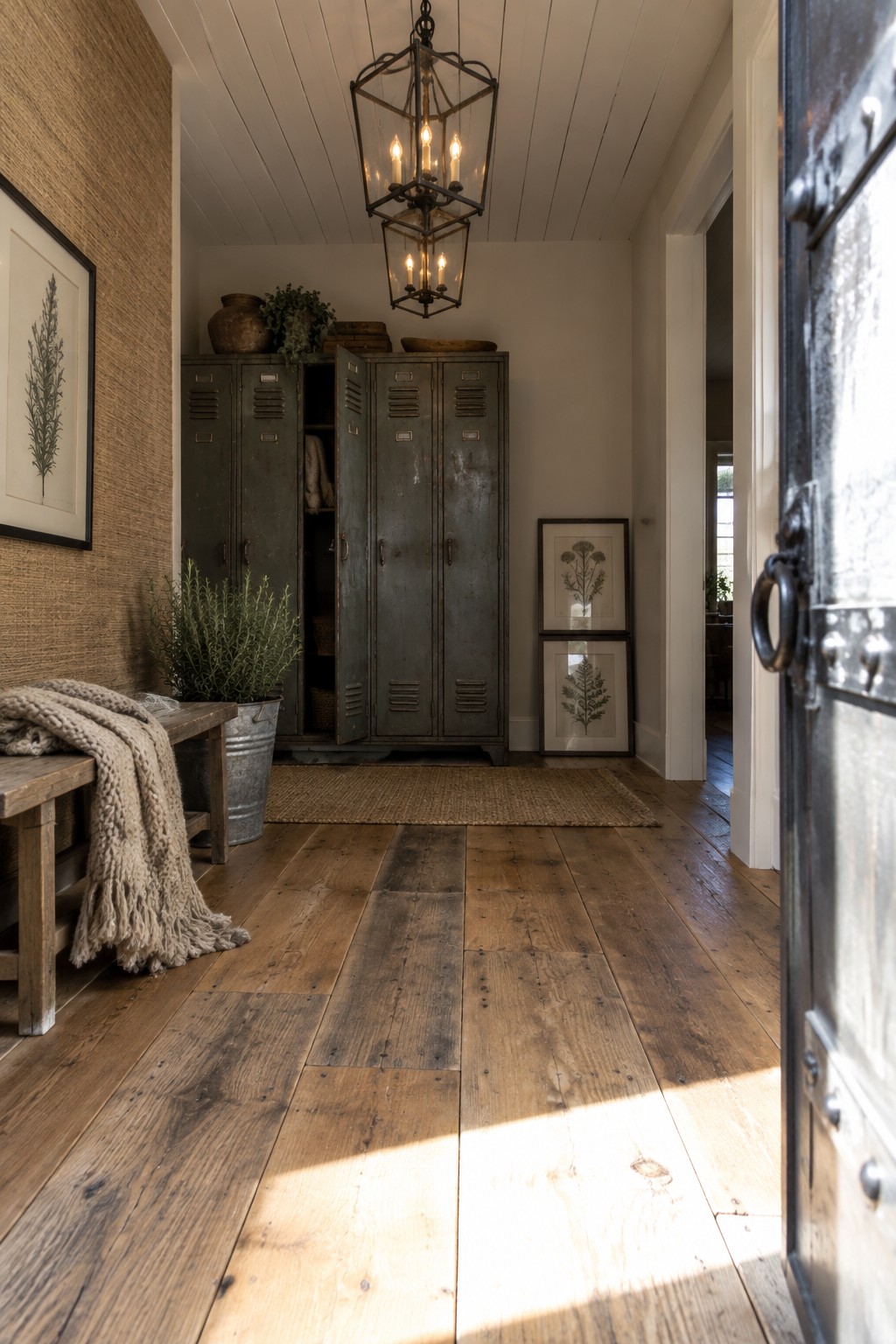 A large dark metal chandelier with multiple lit bulbs hangs from a white plank ceiling above a rustic foyer with wooden floors, gray lockers, and a wooden bench.