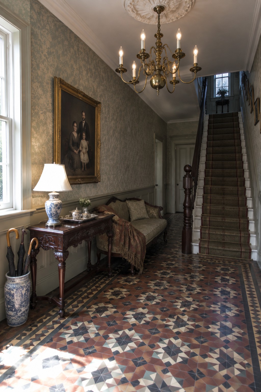 An interior view of a traditional foyer with a brass chandelier hanging from a high ceiling over a patterned tile floor, a staircase on the right, and a large framed portrait on the left wall.