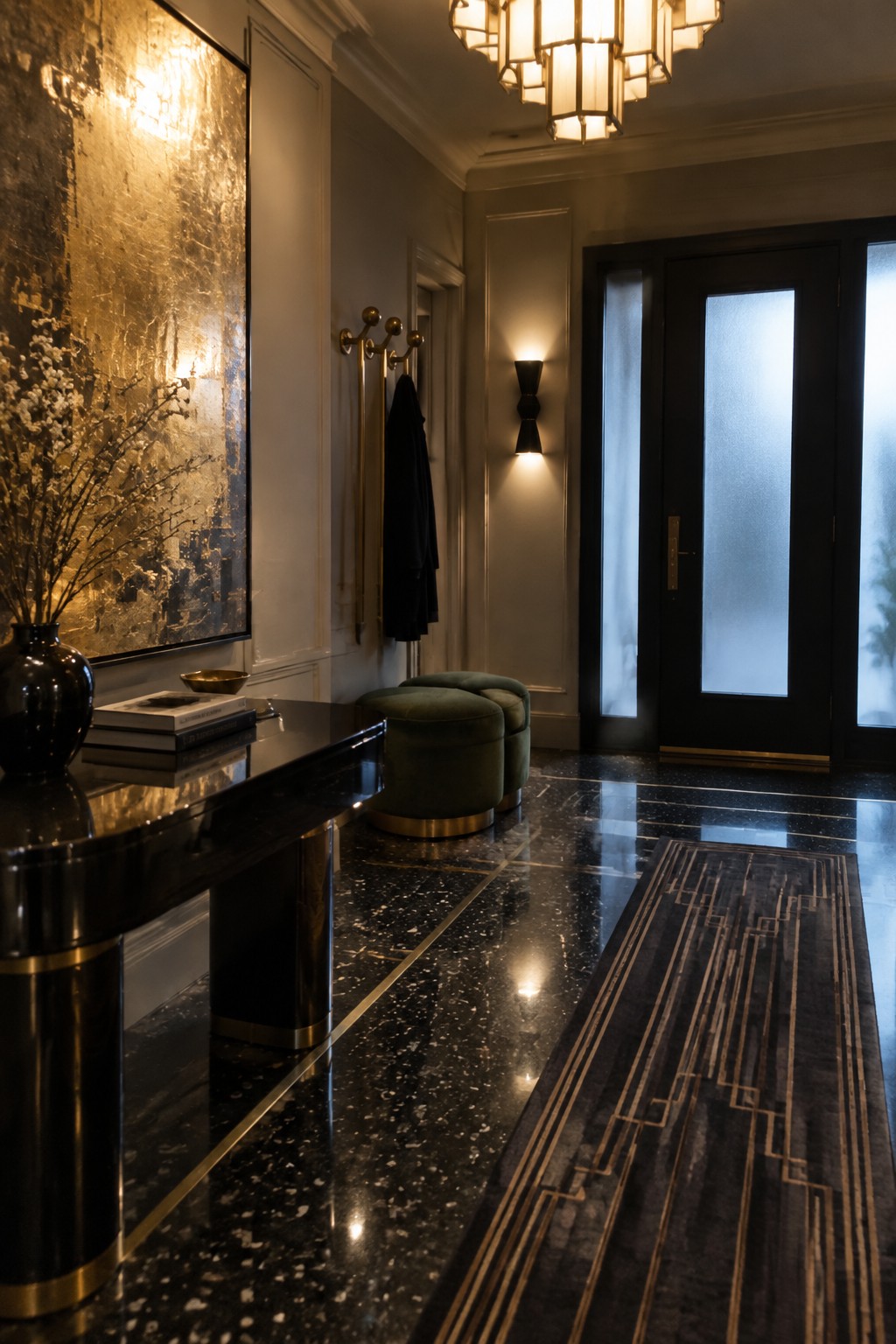 A foyer with a multi-tiered chandelier hanging above a dark polished floor, a black console table with a vase, and green ottomans near a black front door.
