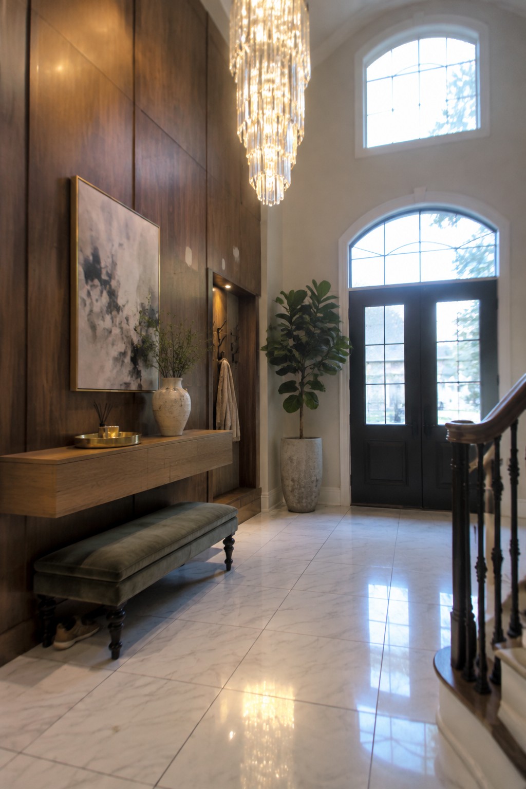 A tall foyer interior with white marble flooring, a large crystal chandelier suspended from the high ceiling, dark wood wall paneling on the left, a floating console and bench below an abstract painting, and black double doors beneath an arched window.