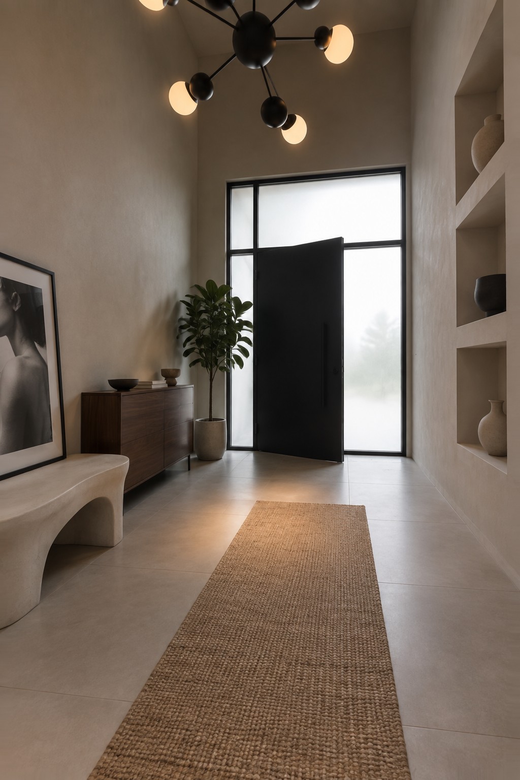 A tall minimalist foyer with a black multi-orb chandelier hanging from the ceiling, a woven runner on the floor, and a large black door standing open.