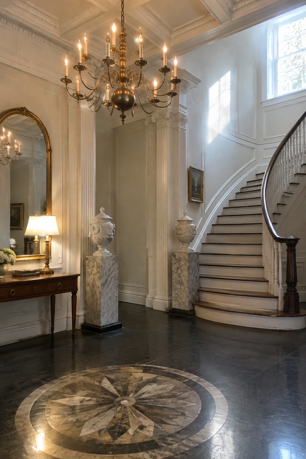A large brass chandelier hangs from a high ceiling in a white foyer with a curved staircase, marble floor medallion, and two urns on pedestals.