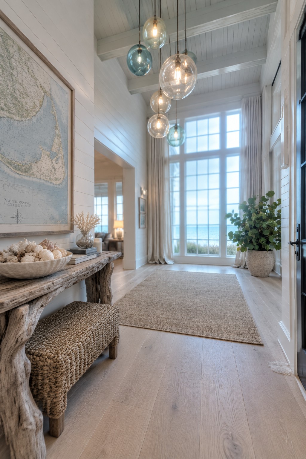 Interior view of a bright foyer with light wood floors, a large ocean-facing window, and multiple glass globe pendant lights hanging at staggered heights from a high white ceiling.