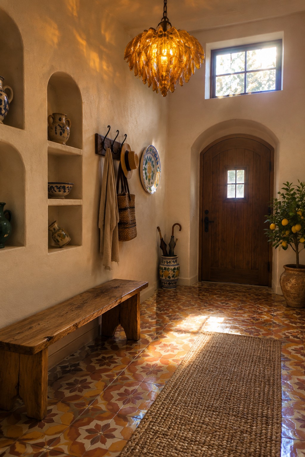 A high-ceiling foyer with an amber glass chandelier, patterned tile floor, wooden bench, and arched wooden door.