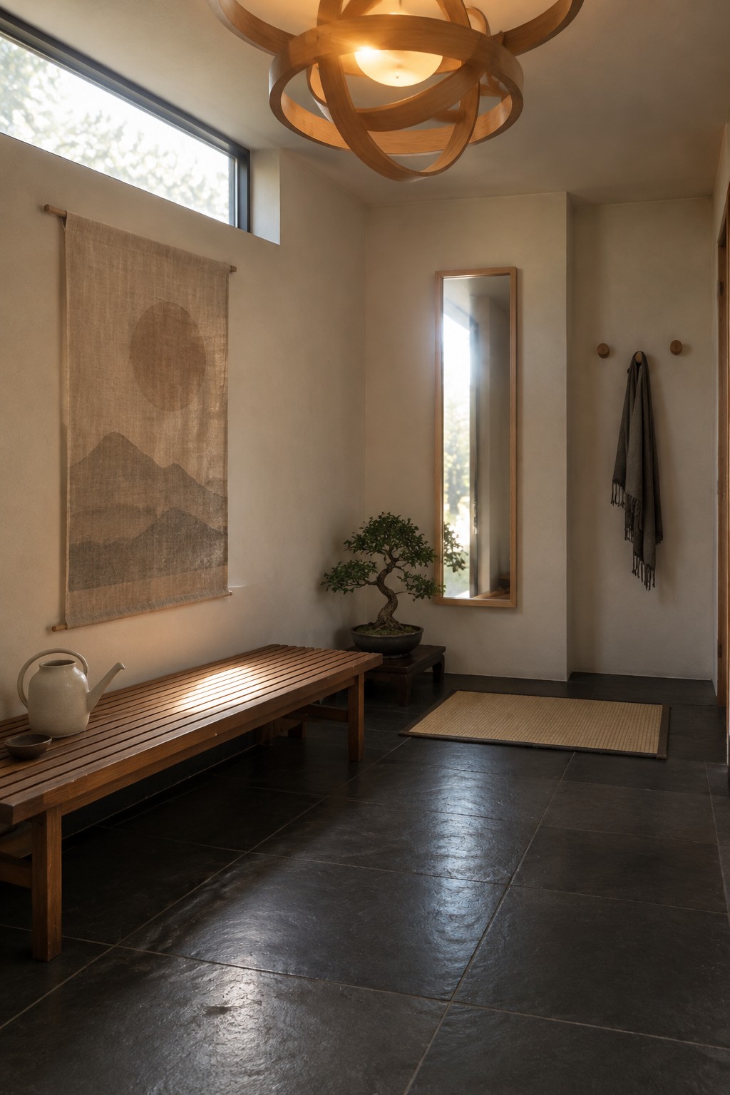 A minimalist interior entry space with a large wooden chandelier, a low wooden bench holding a ceramic teapot, a wall tapestry with mountain motifs, and a small bonsai tree on a stand.