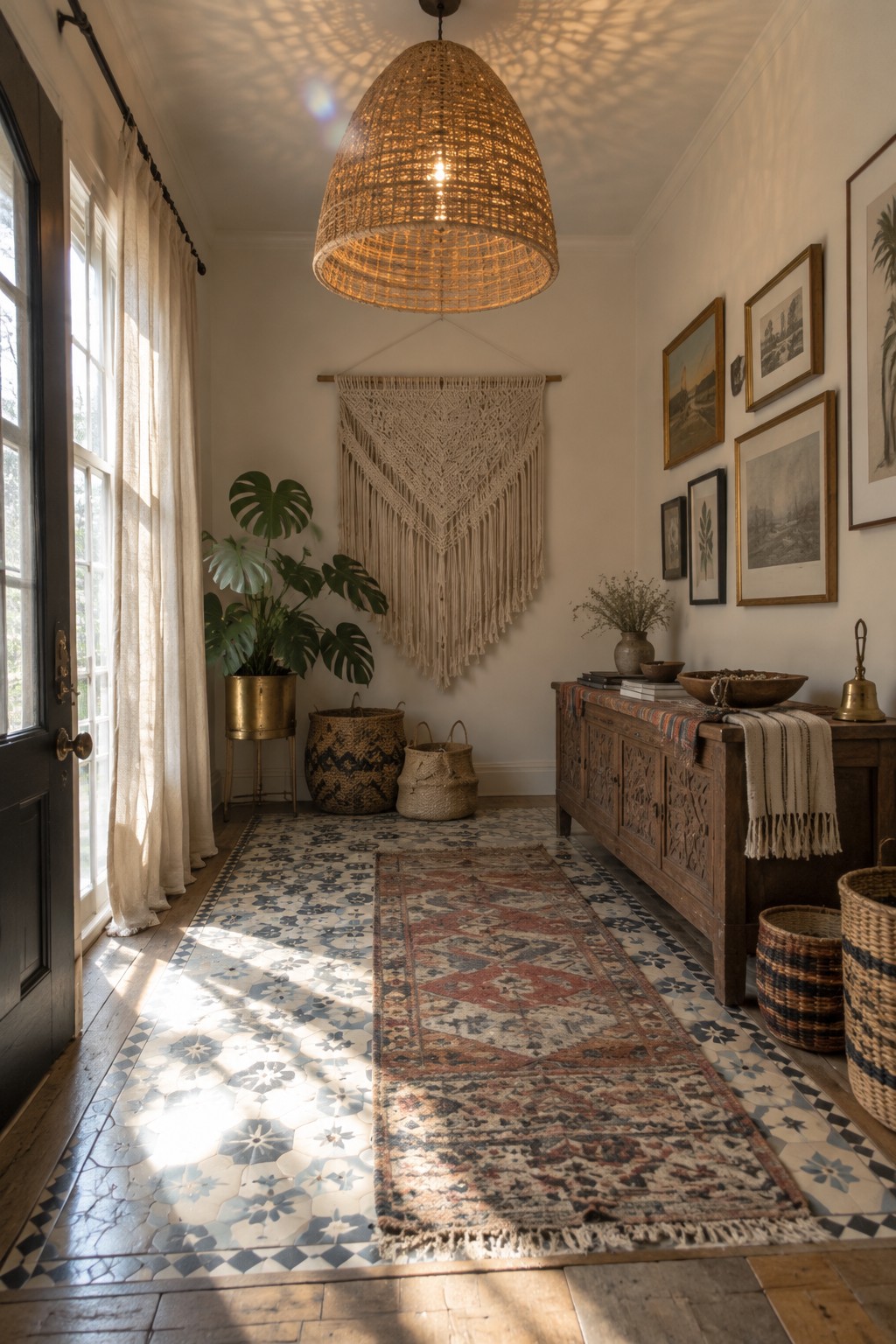 Sunlit bohemian hallway with woven pendant light, macrame tapestry, and patterned runner rug.