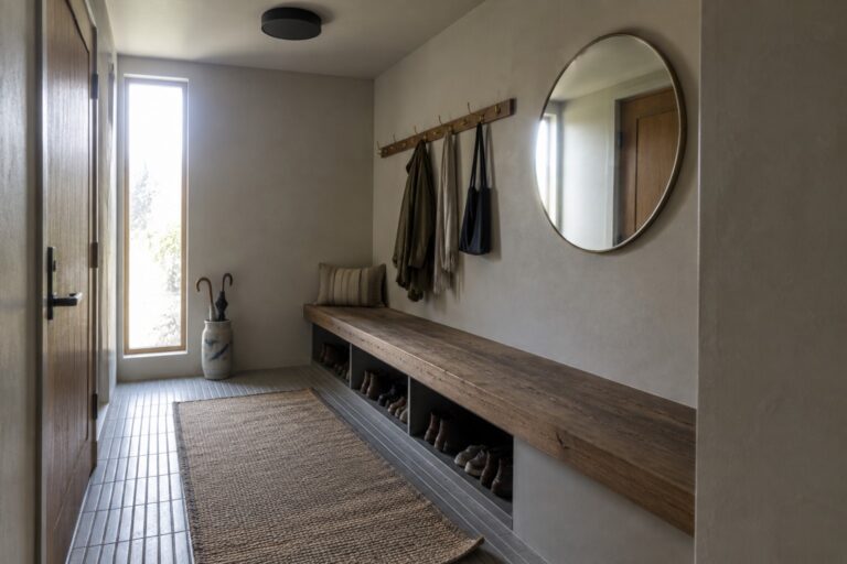 19 Minimalist Flush Mount Lighting Ideas for Low Ceilings With Low-Profile Designs A narrow interior entry hallway with a black round flush mount ceiling light, wooden bench with shoe cubbies, wall hooks holding a jacket, round mirror, tall window, and woven rug on gray tile floor.
