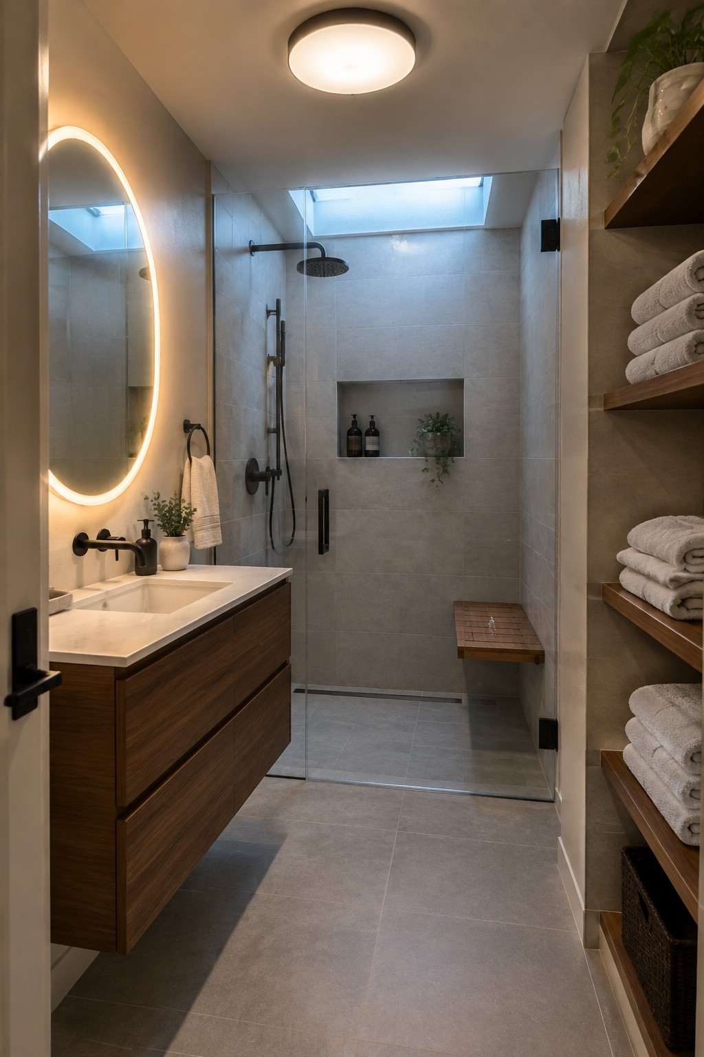 A modern bathroom with a large round flush mount ceiling light, wood vanity, backlit round mirror, and glass shower enclosure.