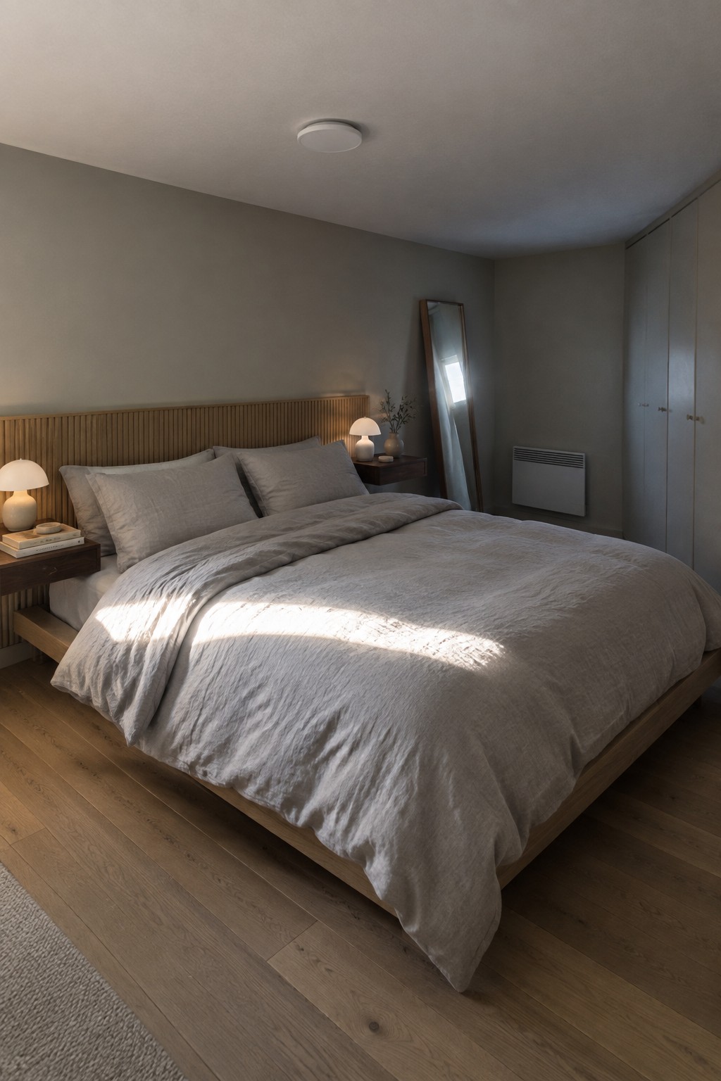 A minimalist bedroom with a wooden platform bed, light gray bedding, and a round white flush mount ceiling light centered above.