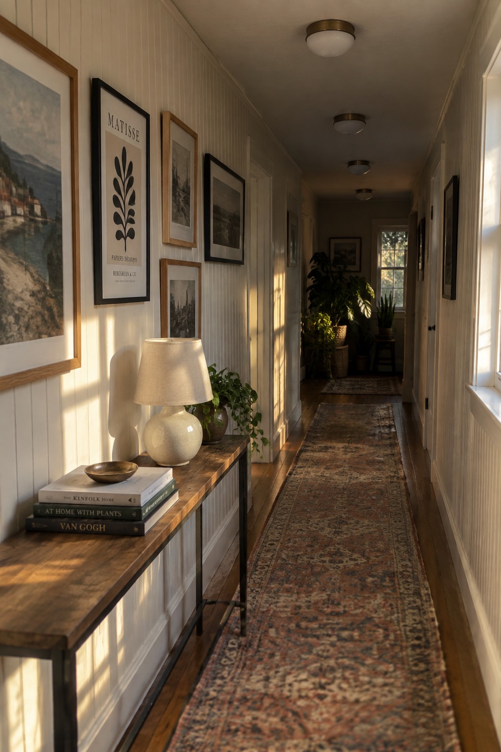 A long narrow hallway with white wainscoting, a wooden console table holding books and a lamp, framed art on the wall, and several small flush mount ceiling lights.