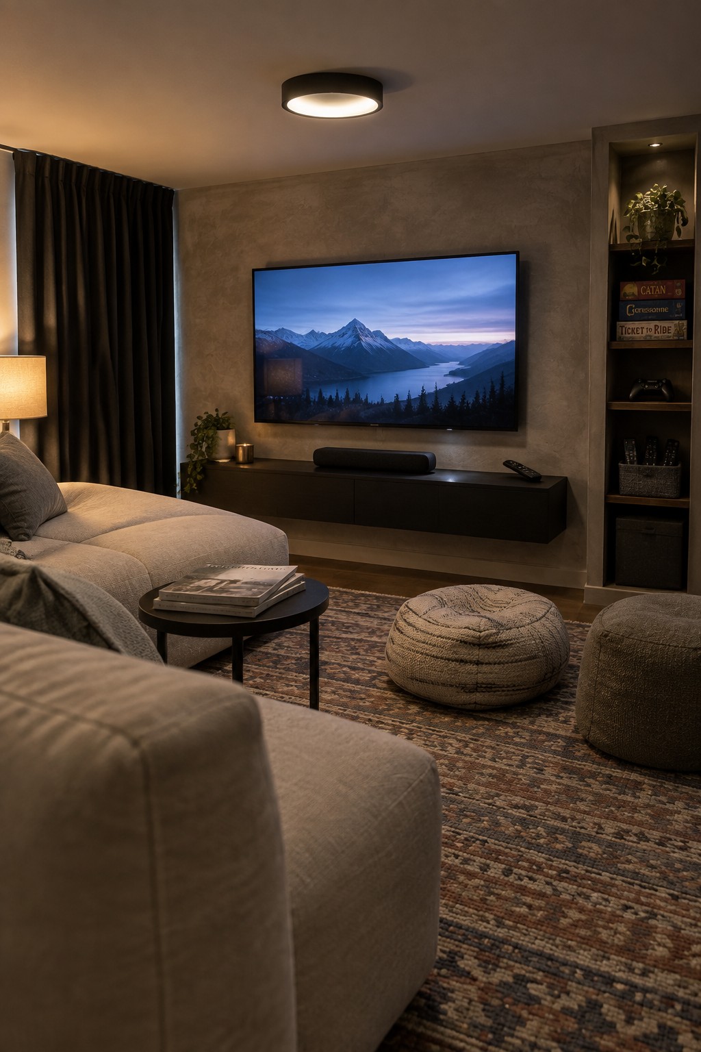 A living room with a round flush mount ceiling light above a sectional sofa facing a wall mounted television.