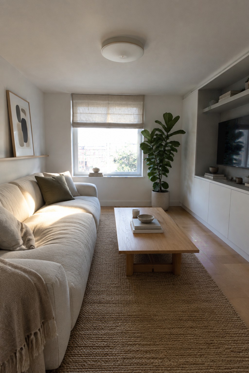 A living room with a round white flush mount ceiling light, beige sectional sofa, wooden coffee table on a woven rug, and a potted fiddle leaf fig near the window.