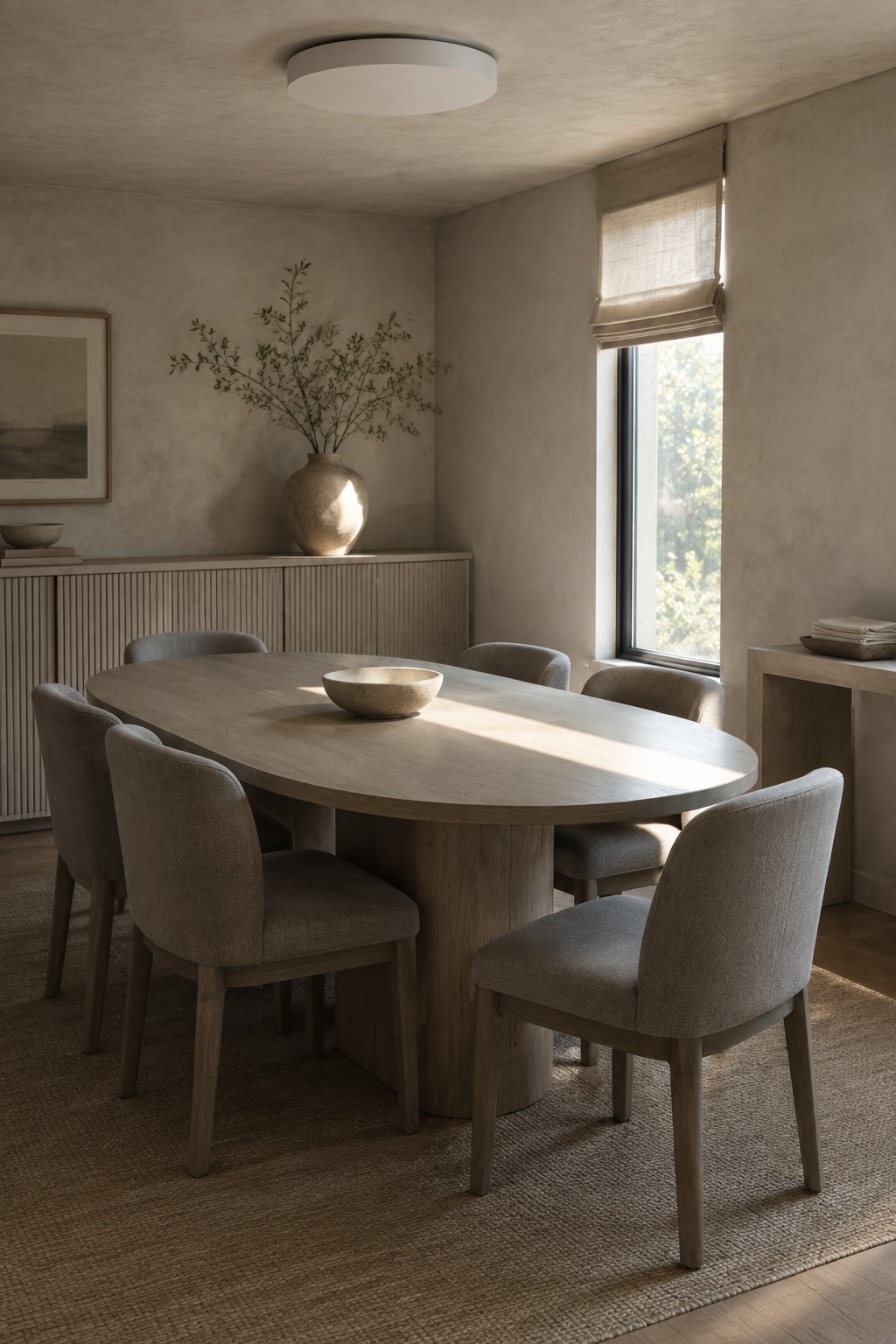 Sunlit minimalist dining room with oval wood table, beige chairs, and ceramic vase