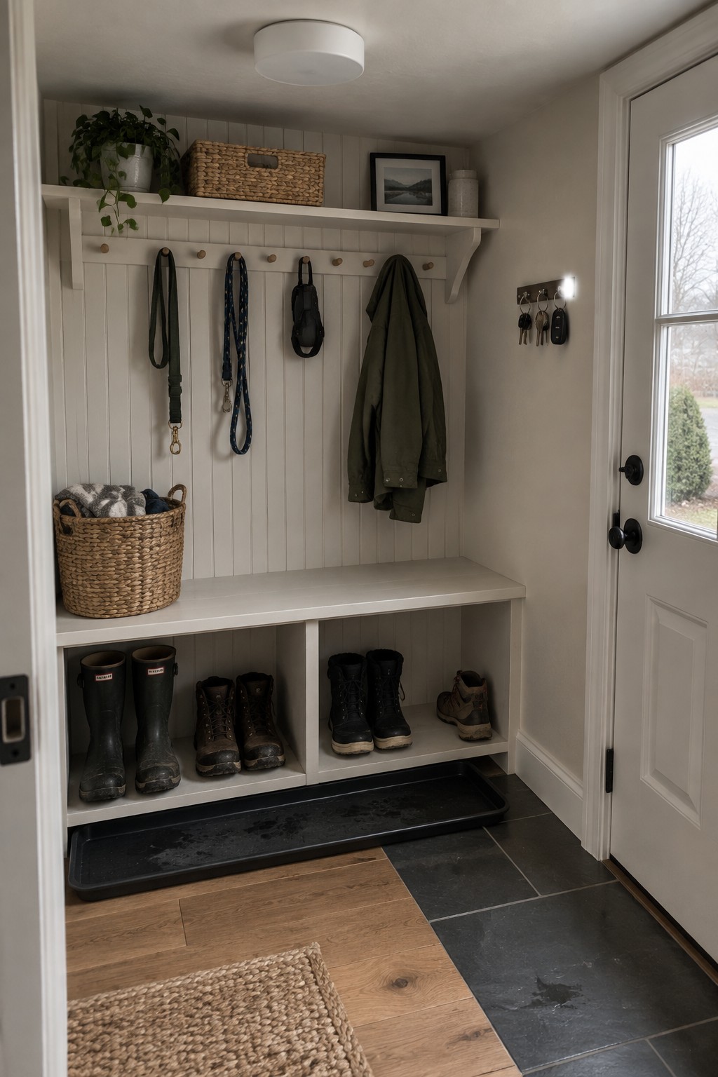 A white circular flush mount light on the ceiling of a white mudroom with hooks, a bench, and shoe storage.