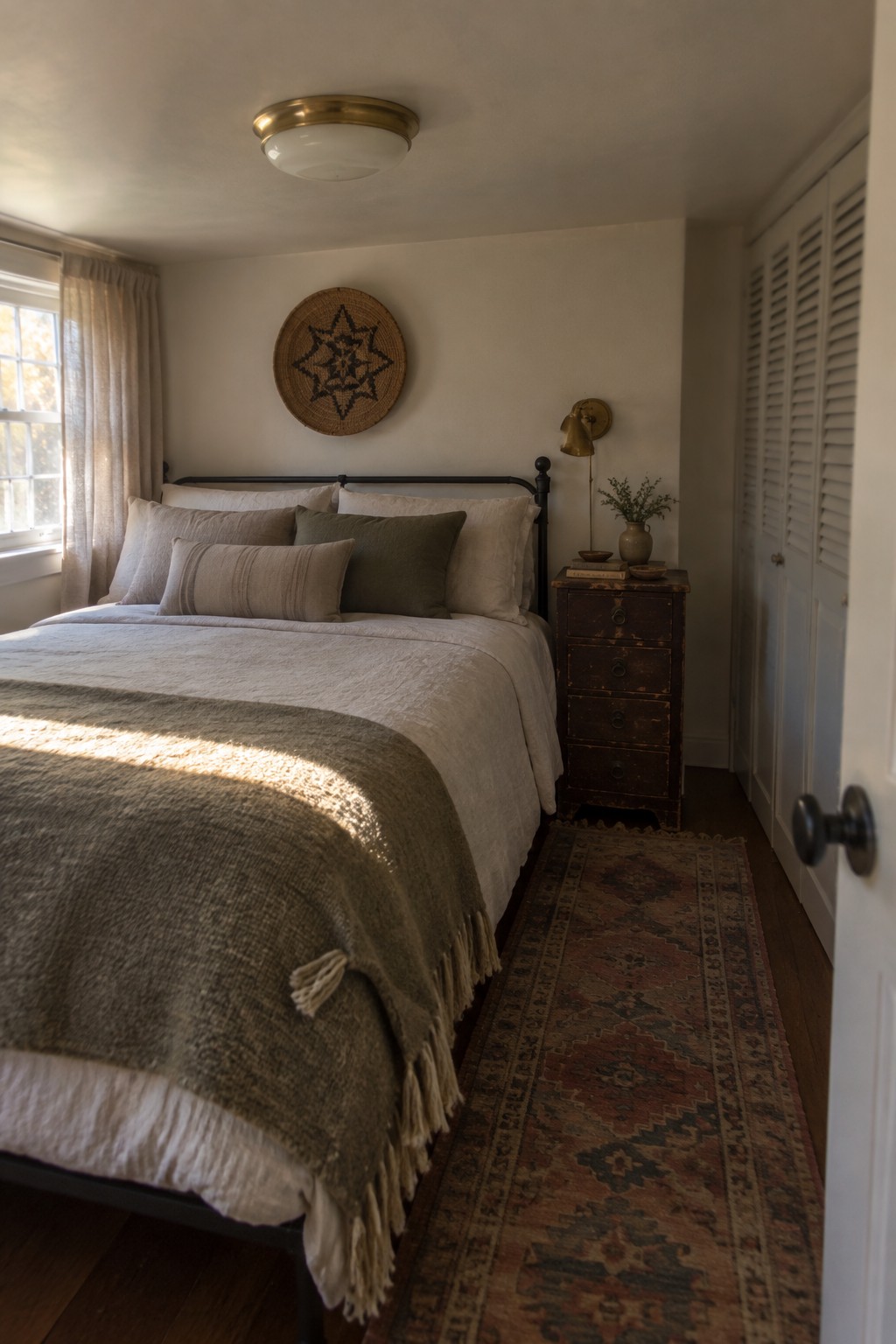 A bedroom with a bed dressed in white and olive linens, a dark wooden nightstand, and a round flush mount ceiling light with a brass rim.