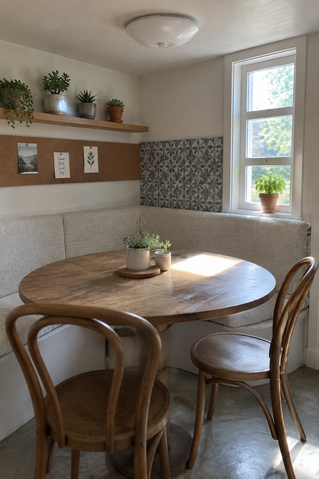 A dining nook with a round wooden table, wooden chairs, built-in bench, potted plants on a shelf, and a white flush mount ceiling light above.