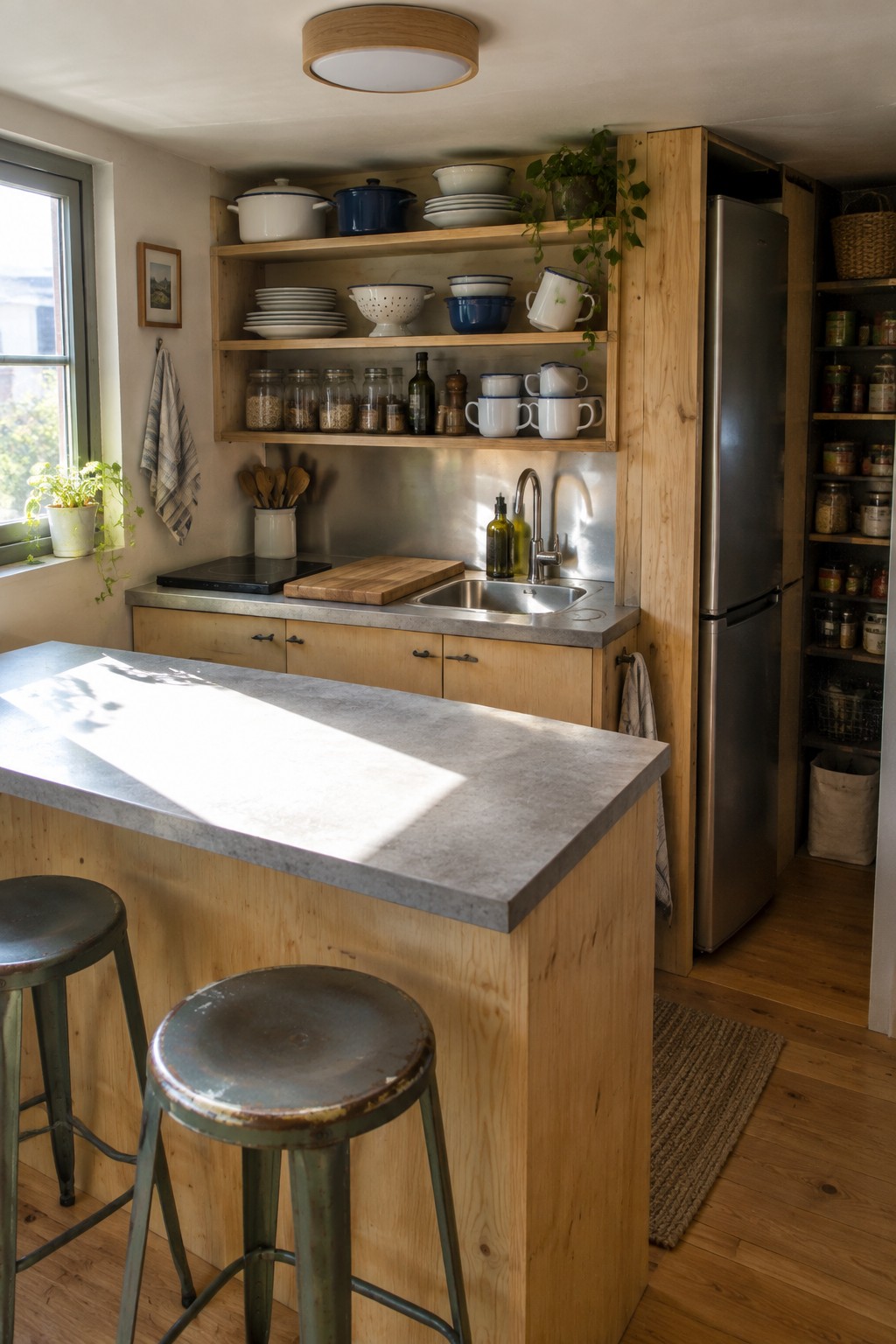 A kitchen with wooden open shelves above a concrete countertop, a stainless steel refrigerator on the right, two metal stools at the island, and a round wooden flush mount ceiling light.