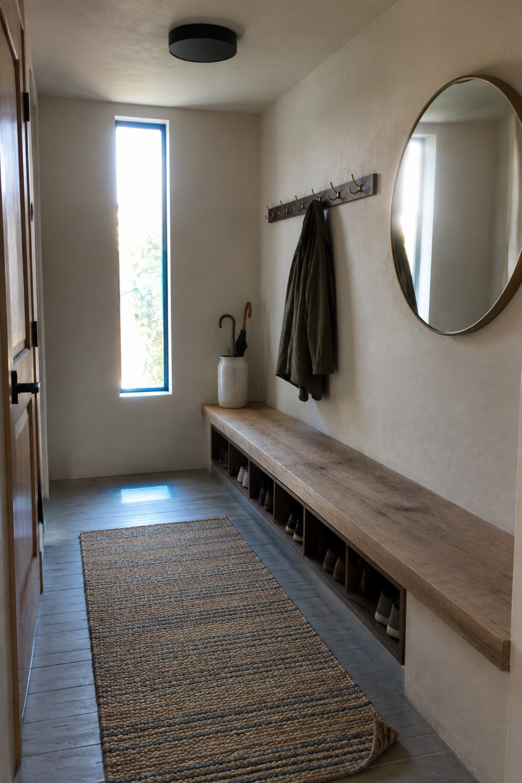 A narrow interior entry hallway with a black round flush mount ceiling light, wooden bench with shoe cubbies, wall hooks holding a jacket, round mirror, tall window, and woven rug on gray tile floor.