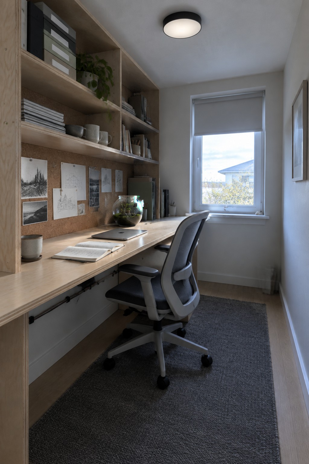 Home office with wooden desk, gray chair, shelves, and window view.