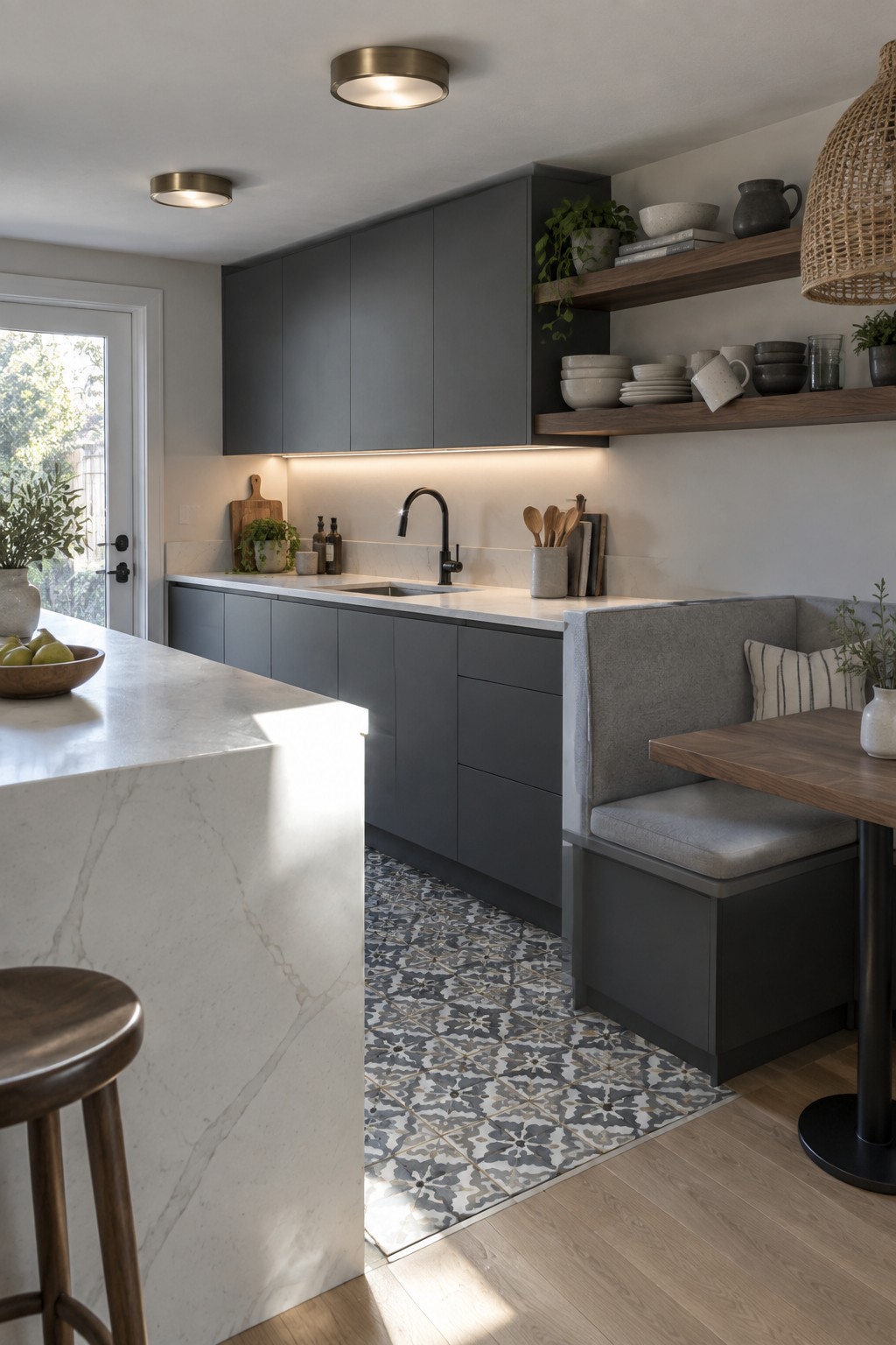 A kitchen interior with dark gray cabinets, white countertops, a patterned tile floor, and two round brass flush mount ceiling lights.