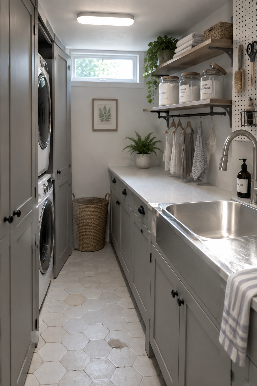 Gray laundry room with stacked washer dryer, stainless sink, labeled jars, and hex tile floor.