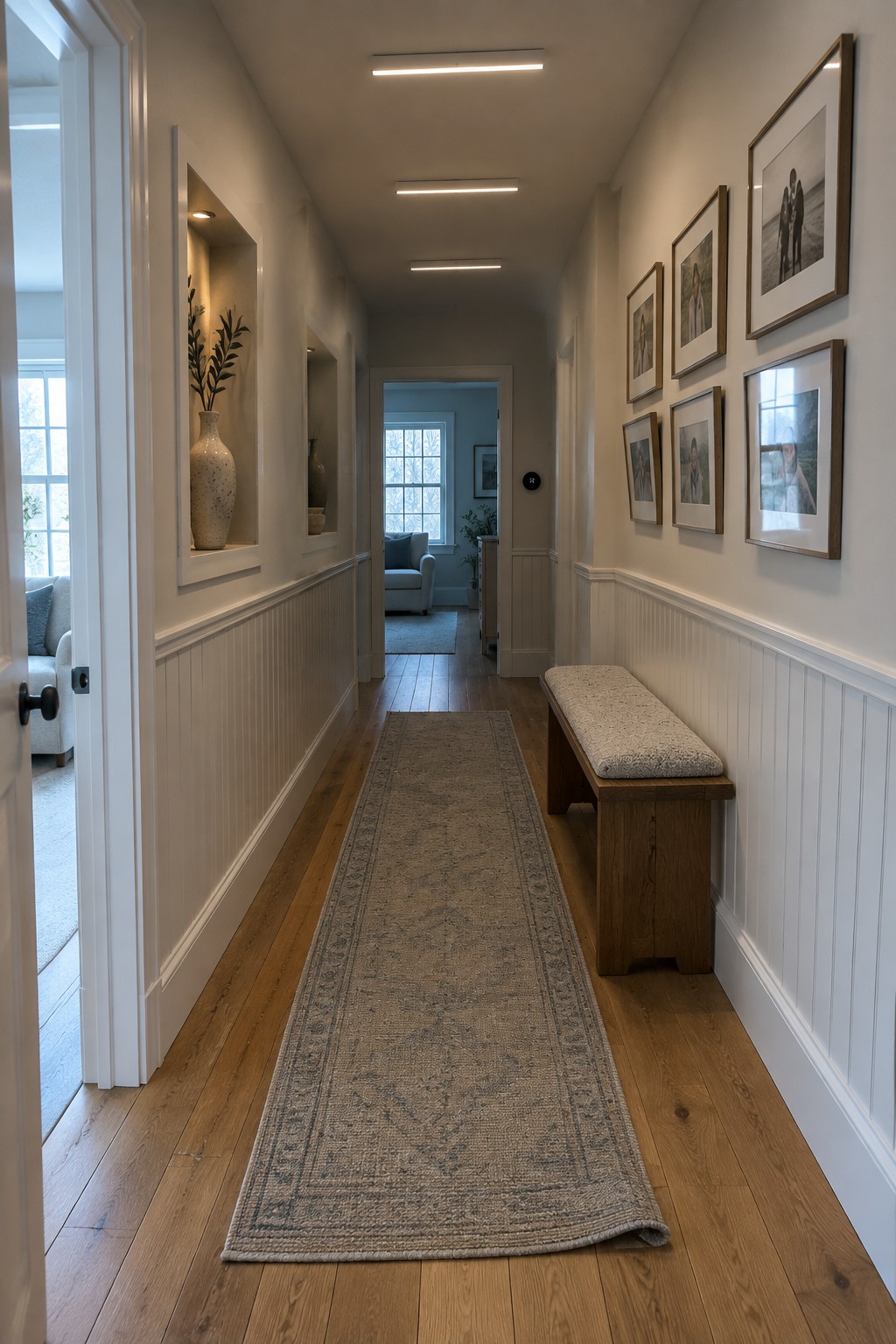 A long narrow hallway with wood flooring, a runner rug, framed photos on the right wall, built-in wall niches on the left, and multiple long rectangular flush mount ceiling lights.