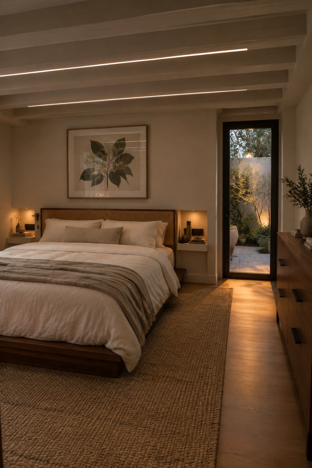A bedroom with a low wood beam ceiling fitted with three parallel linear flush mount lights above a bed with white linens and a woven rug on the floor.
