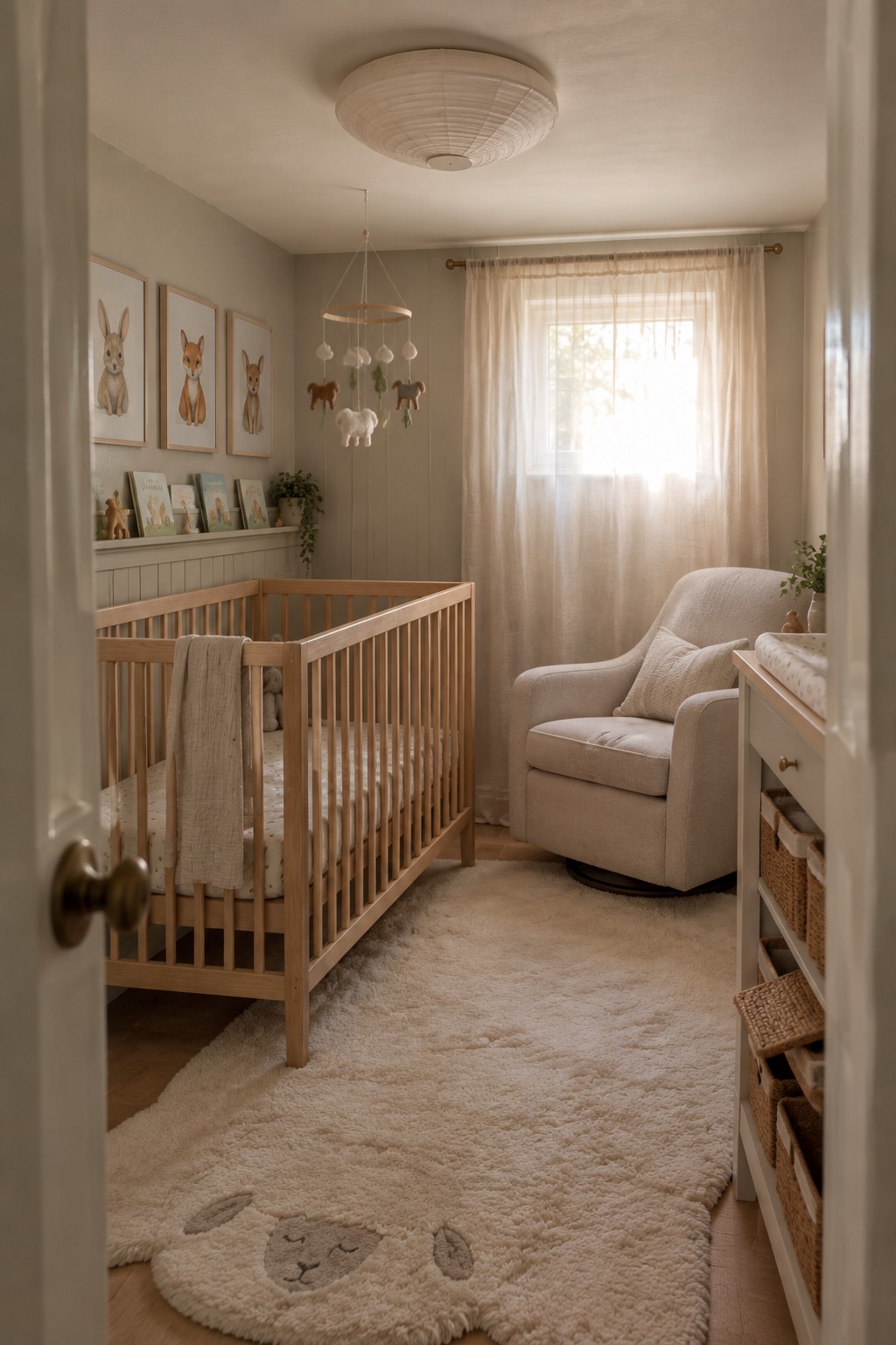 Cozy nursery with wooden crib, fluffy sheep rug, armchair, and animal decor