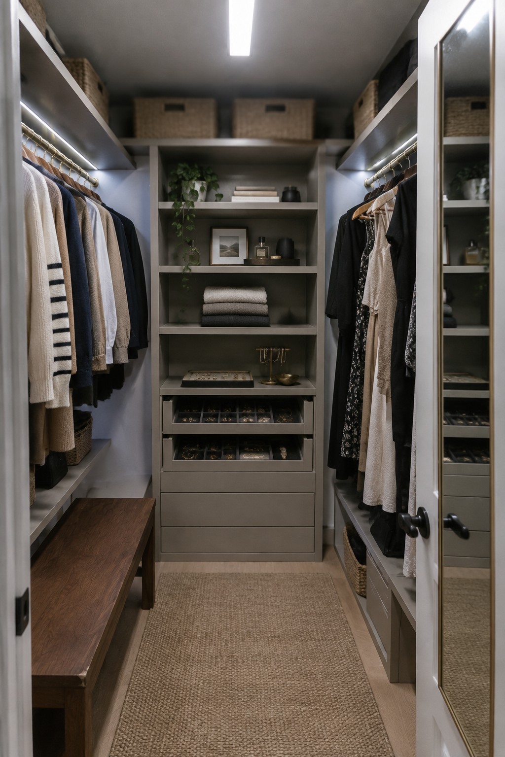 A walk-in closet with gray built-in shelving, hanging clothes, open jewelry drawers, and linear LED lighting installed under the shelves.