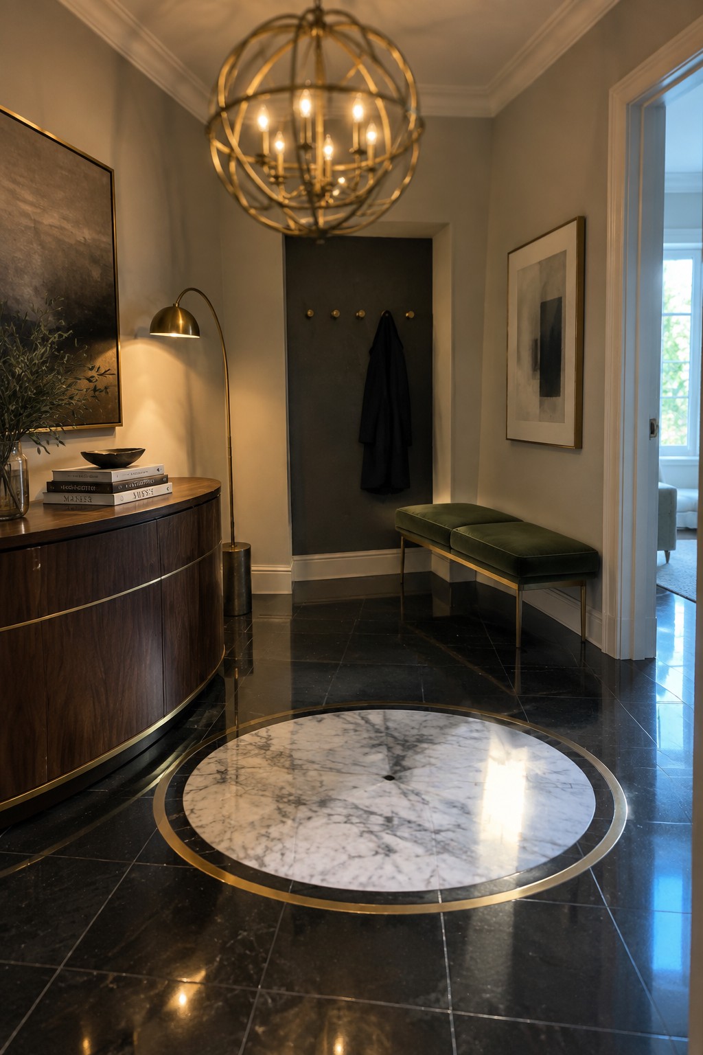 A modern entryway featuring a large spherical brass chandelier suspended above a black marble floor with a round white marble inlay, a curved dark wood console on the left, and a green velvet bench against the right wall.